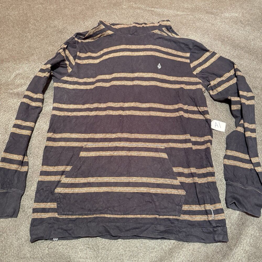Volcom Mens Sweater L Large Black Brown Striped Lightweight Hoodie Casual